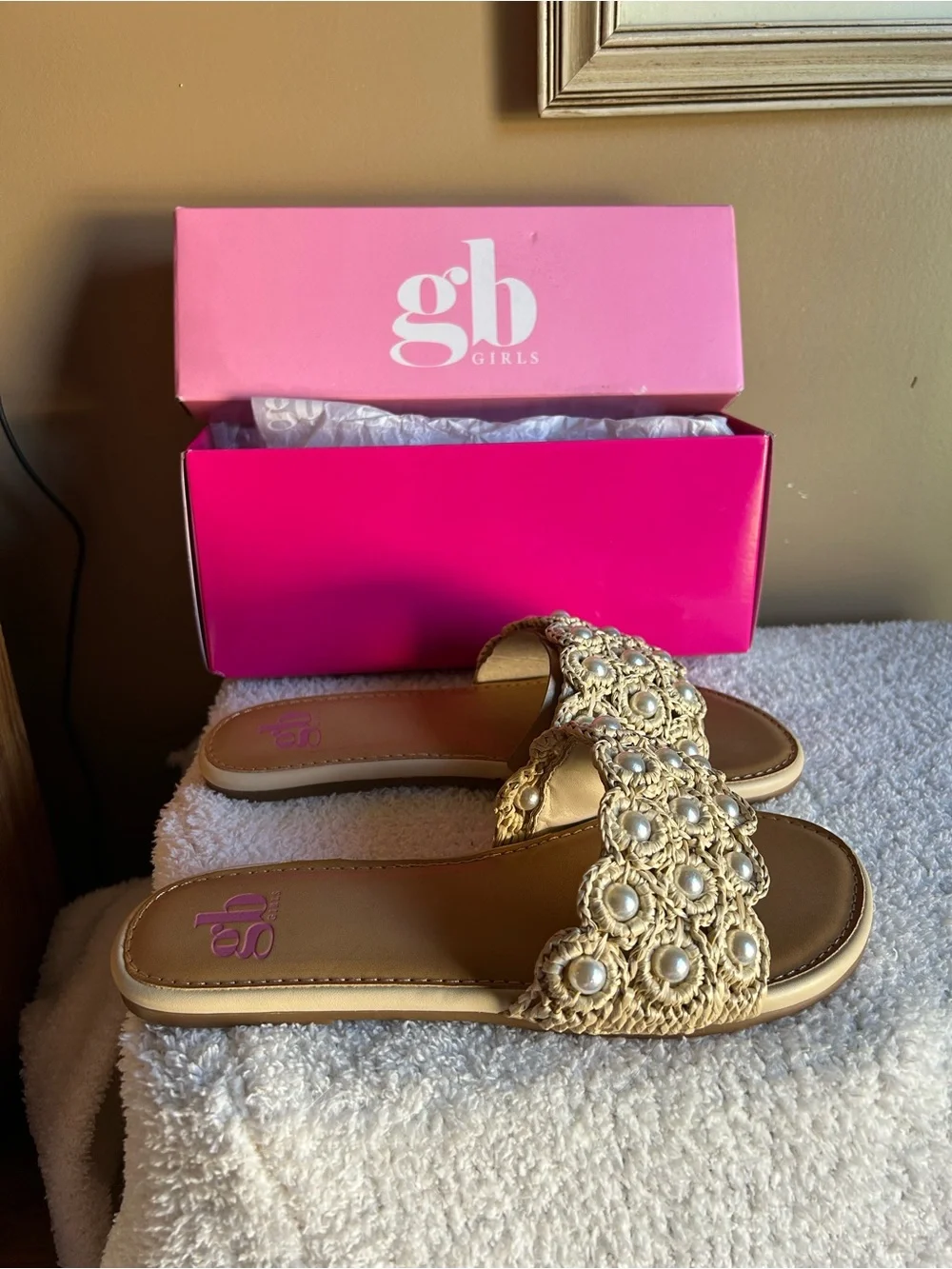 GB Girls Pearl Crochet Slide Sandals - Cream